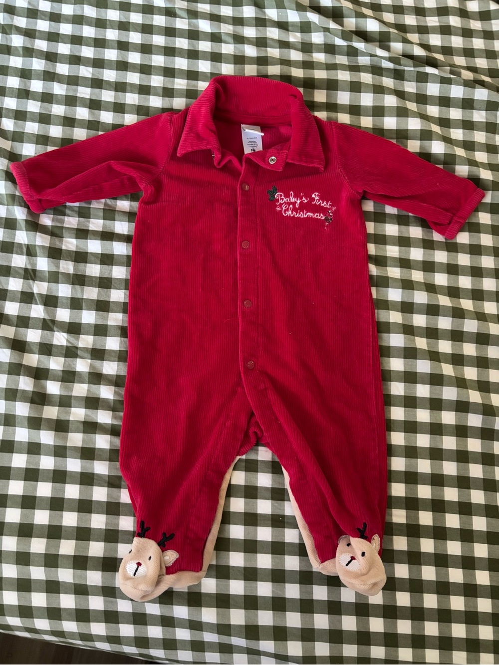 VTG Baby's First Christmas Reindeer Red Corduroy Footed One-Piece